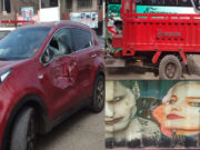 Camioneta y moto carguera chocan en Av América Norte