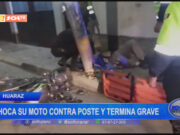 Huaraz: choca su moto contra poste y termina grave